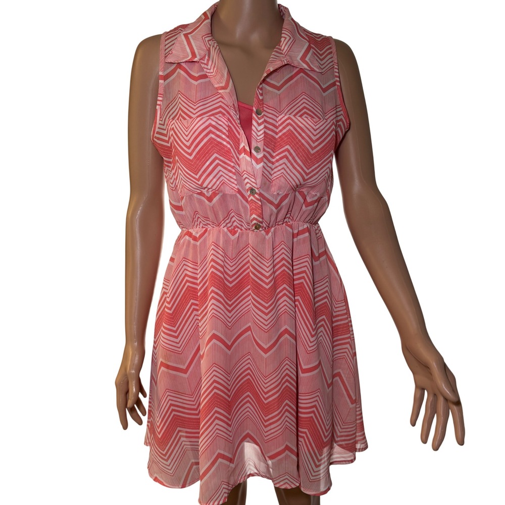 Freebird‎ Pink White Chevron Sleeveless Button Front Elastic Waist Mini Dress
